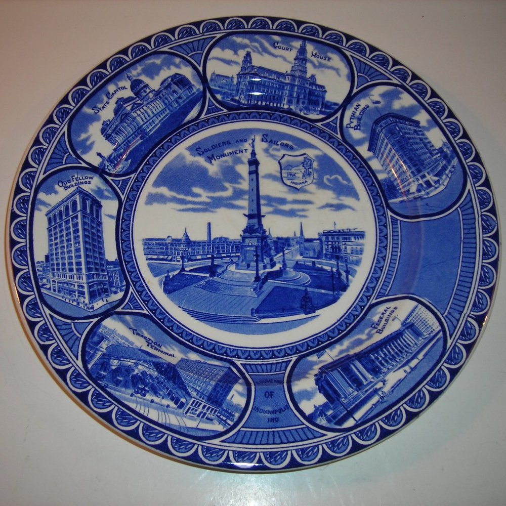 1920s English Staffordshire blue & white SOLDIERS & SAILORS MEMORIAL plate, RARE